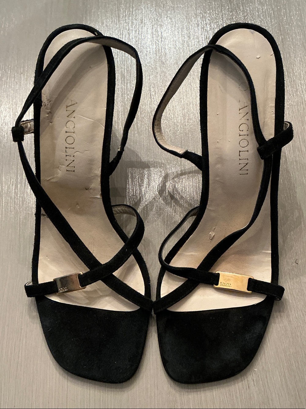 Enzo Angiolini Black Strappy Slingback Heels with Gold Accents